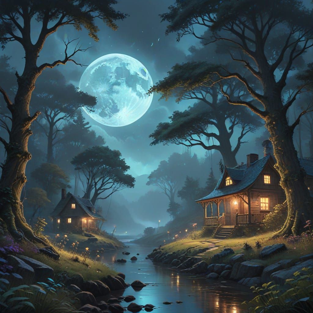 Ethereal Moonlit Forest in Whimsical Style