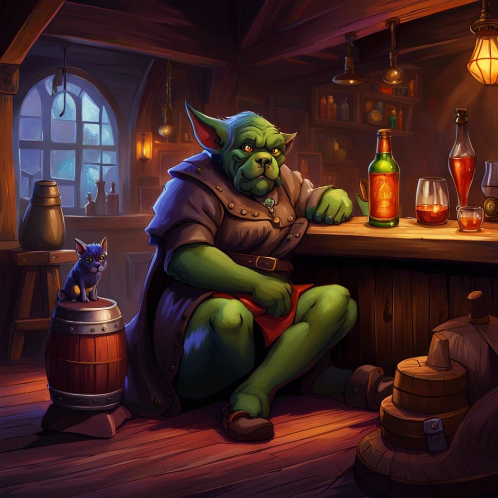 Tipsy Goblin Barmaid with Mastiff in Tavern, Cel Shading