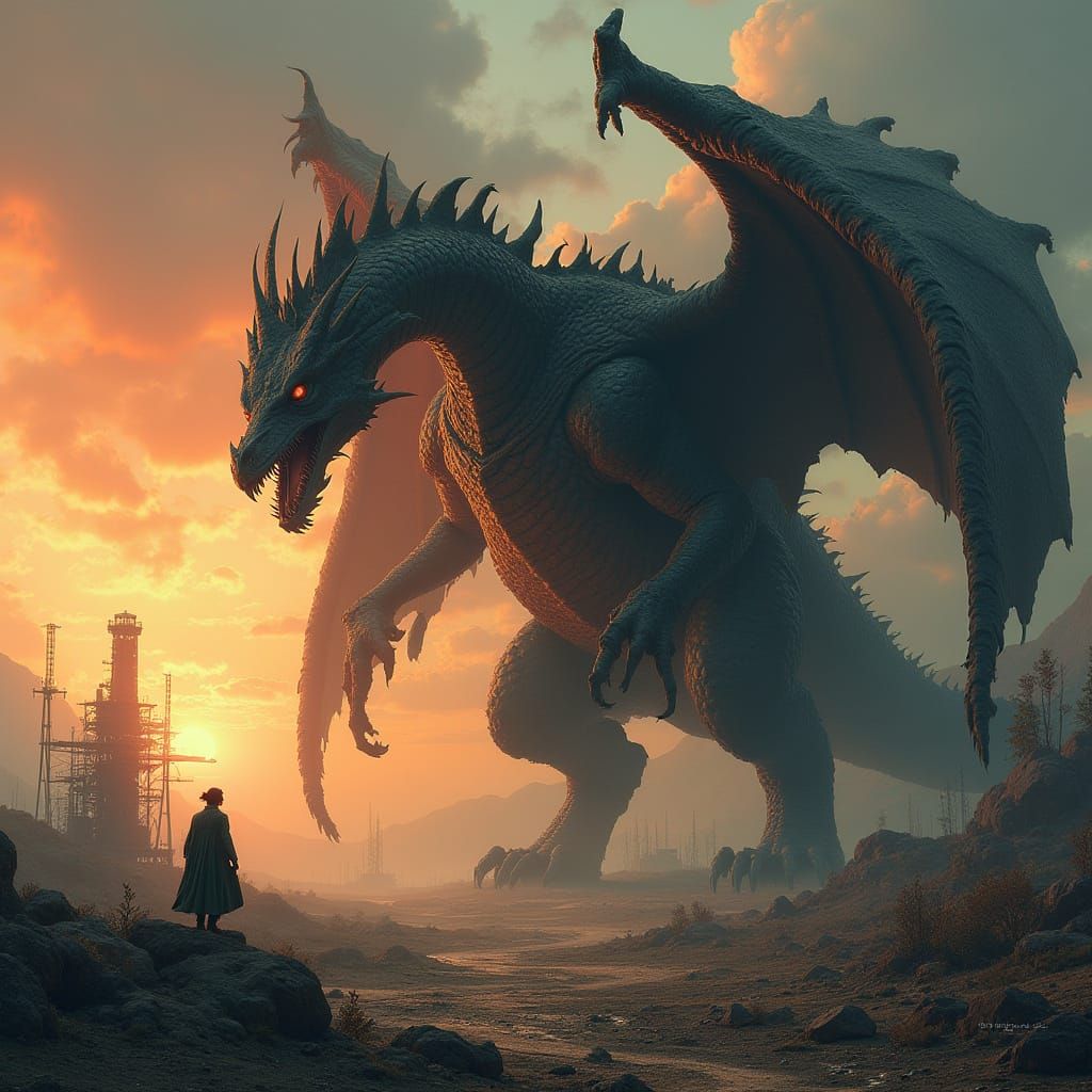 Colossal Dragon in Post-Apocalyptic Landscape