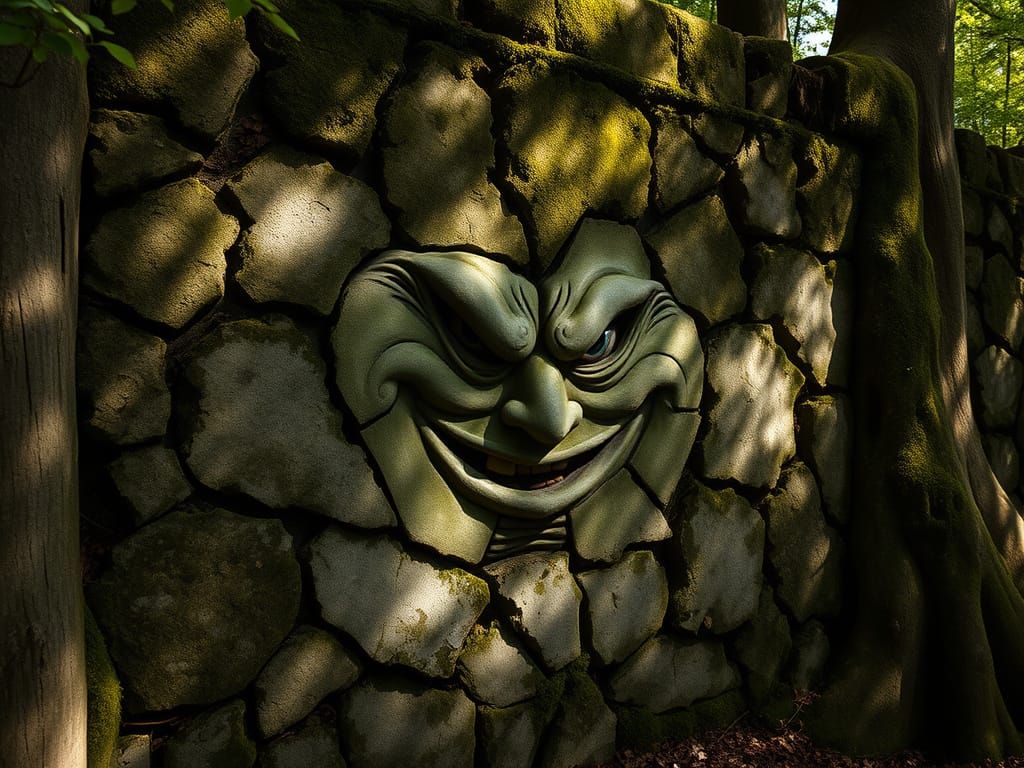 Whimsical Stone Wall in Ancient Forest