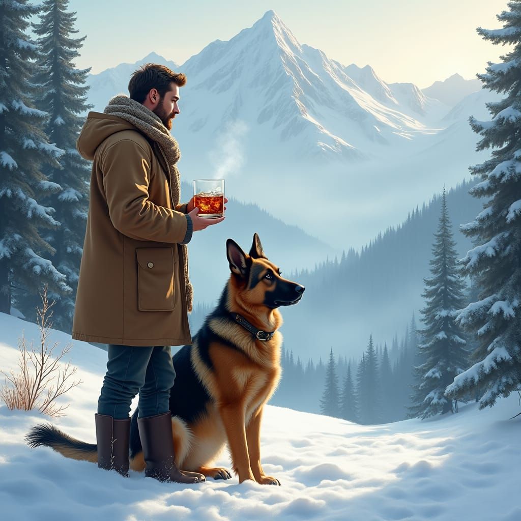 Man and Dog Enjoy Snowy Mountain Vista
