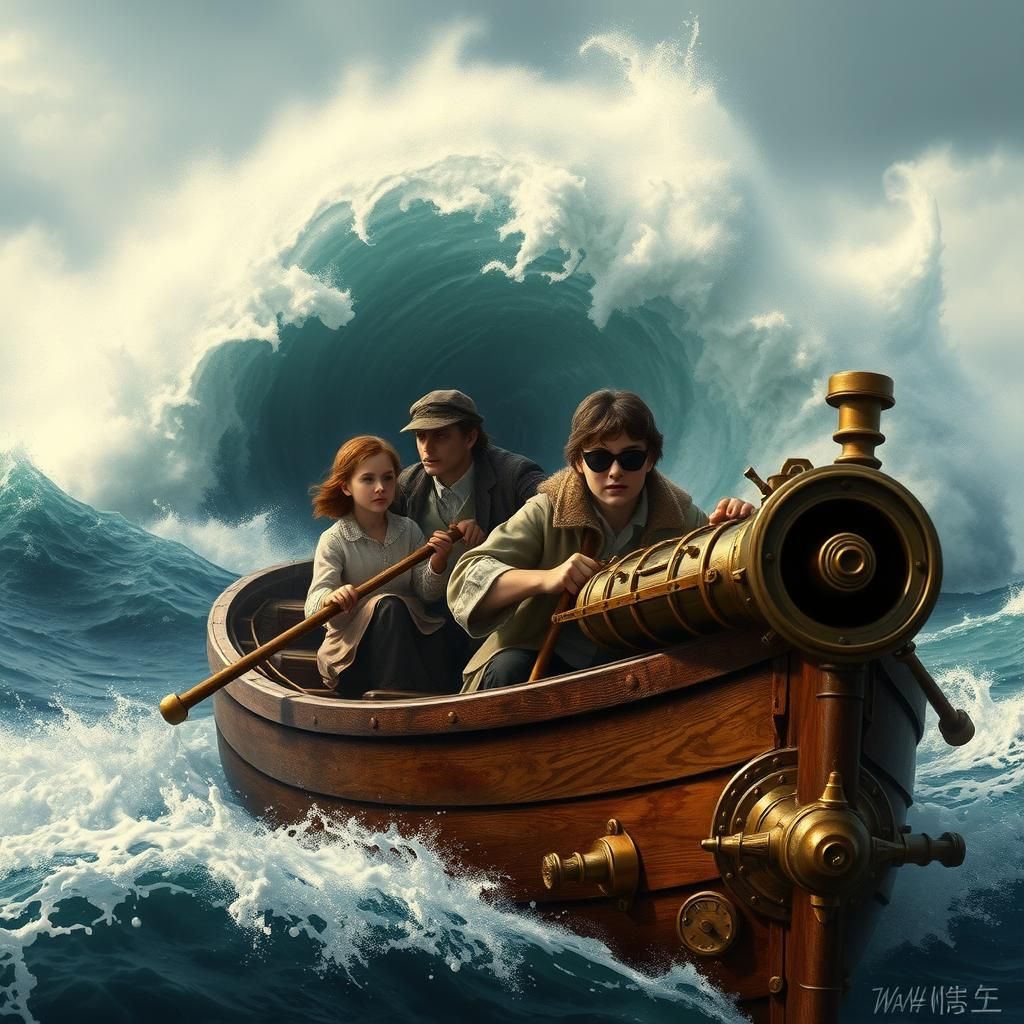 A huge tsunami is about to swallow the island where the family is fleeing the flood. we see huge waves.