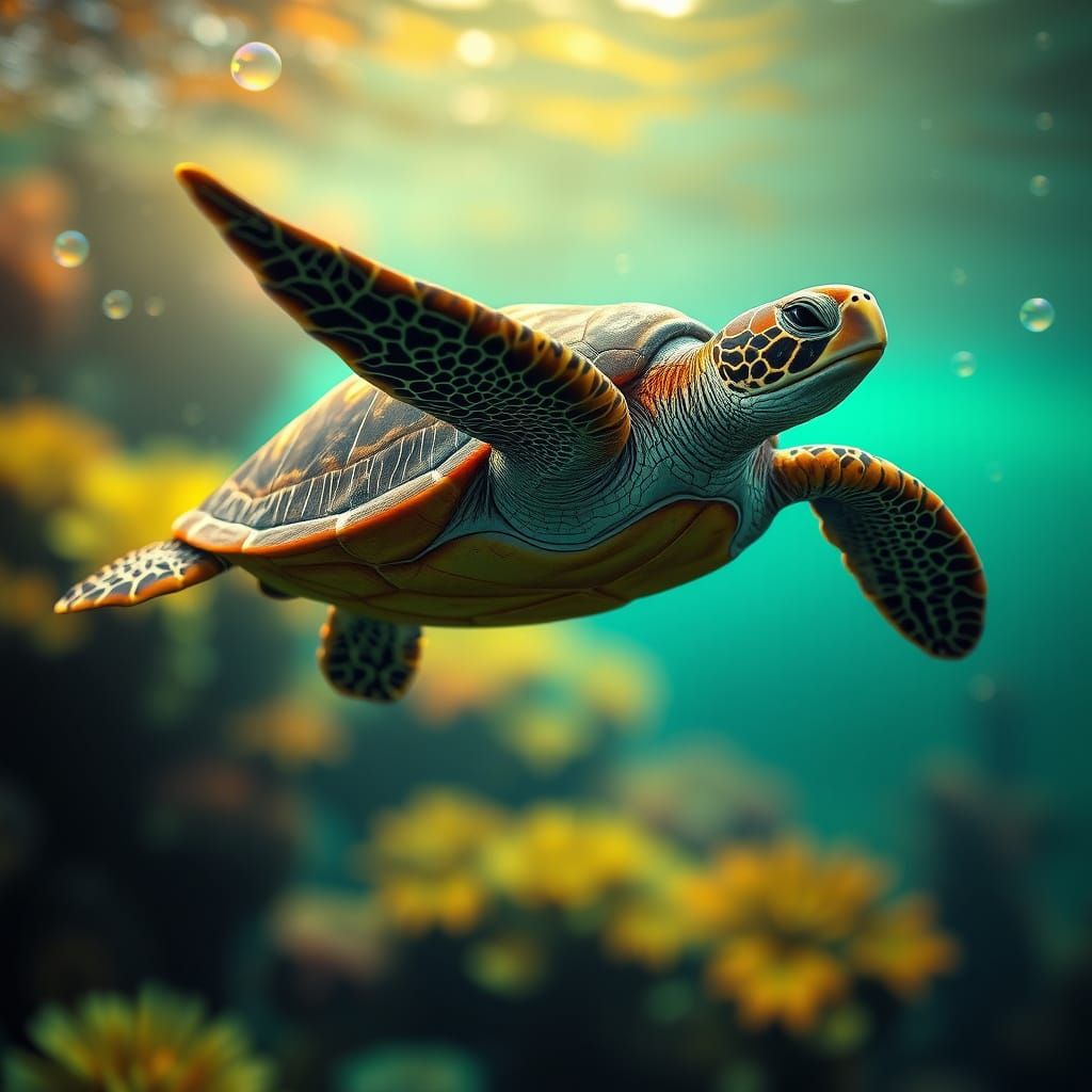 Majestic Sea Turtle in Vibrant, Ancient-Inspired Art