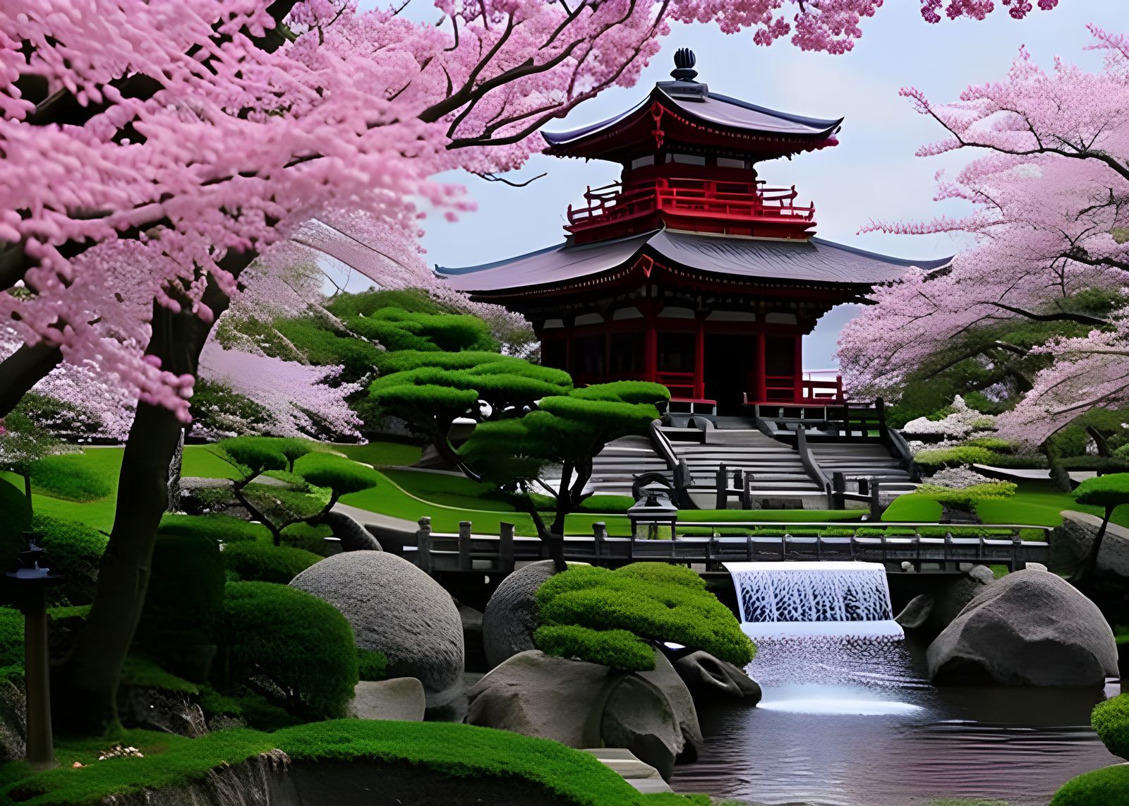 Japanese Temple with Cherry Blossoms and Bonsai Trees