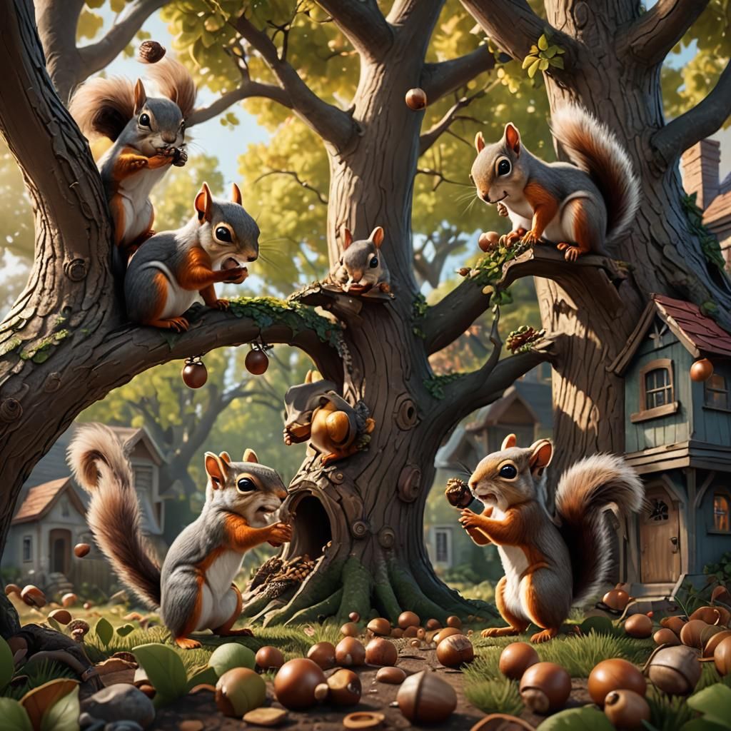Squirrel Acorn Battle: Detailed Matte Painting