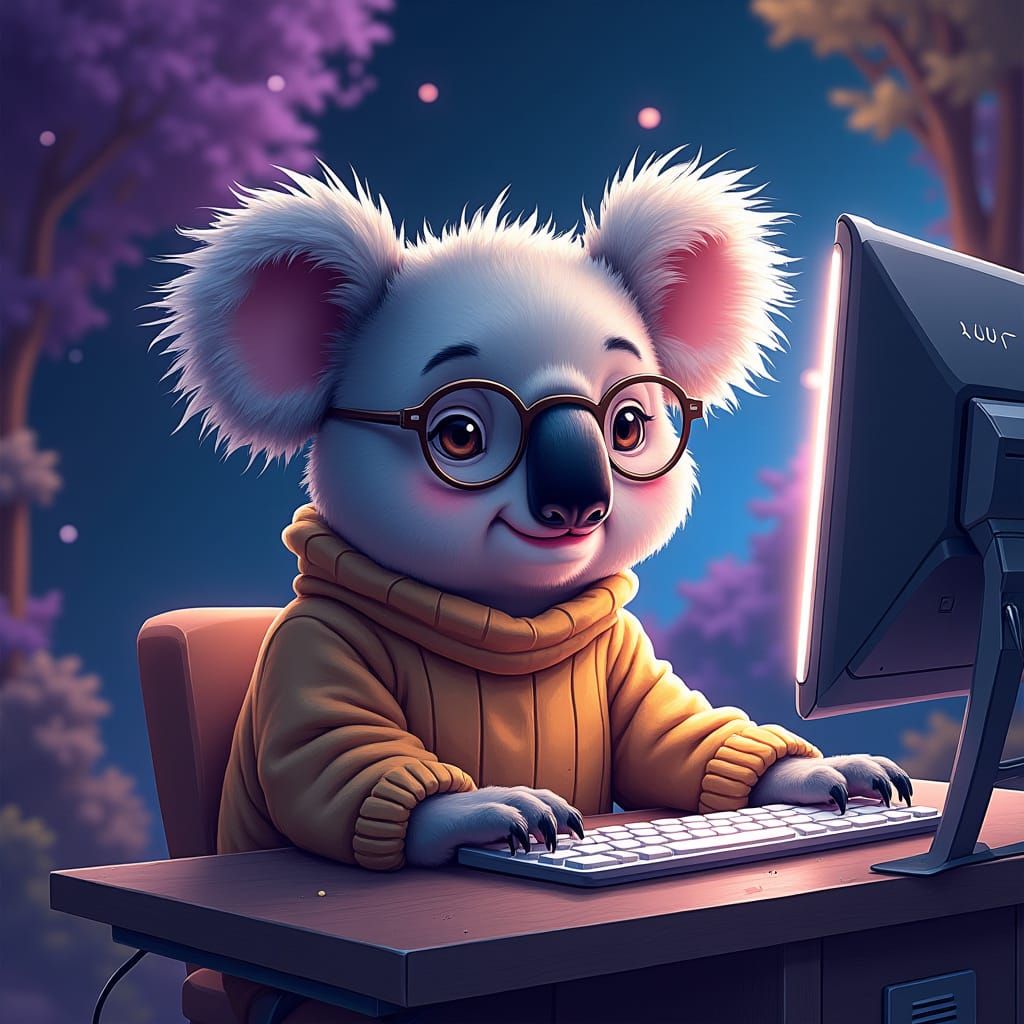 Koala Bear at Computer in Cosmic Astral Setting