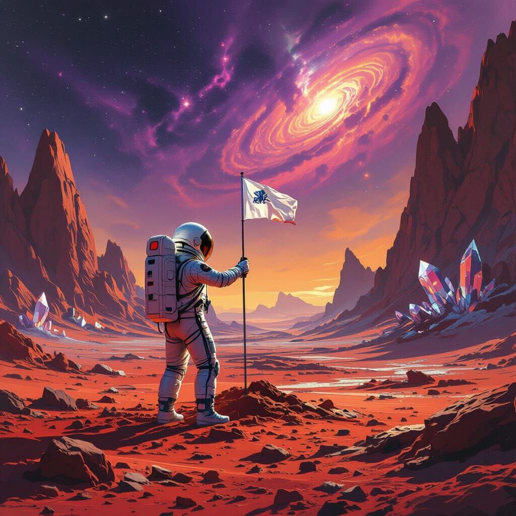 Astronaut Plants Flag on Crimson Planet Under Nebula Sky