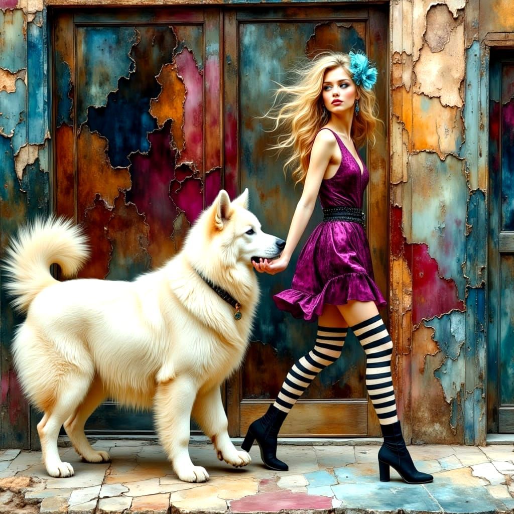 Sensual Woman with Dog in Oil Painting Style