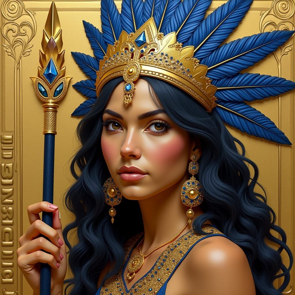 Regal Mexican Warrior Goddess on Golden Coin by Aztec-Style....