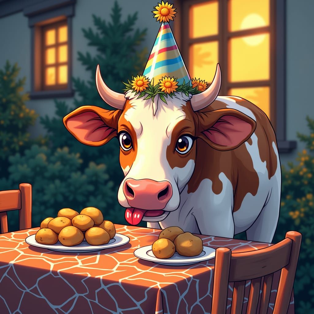 Cow Steals Potatoes in Manga-Inspired Digital Art