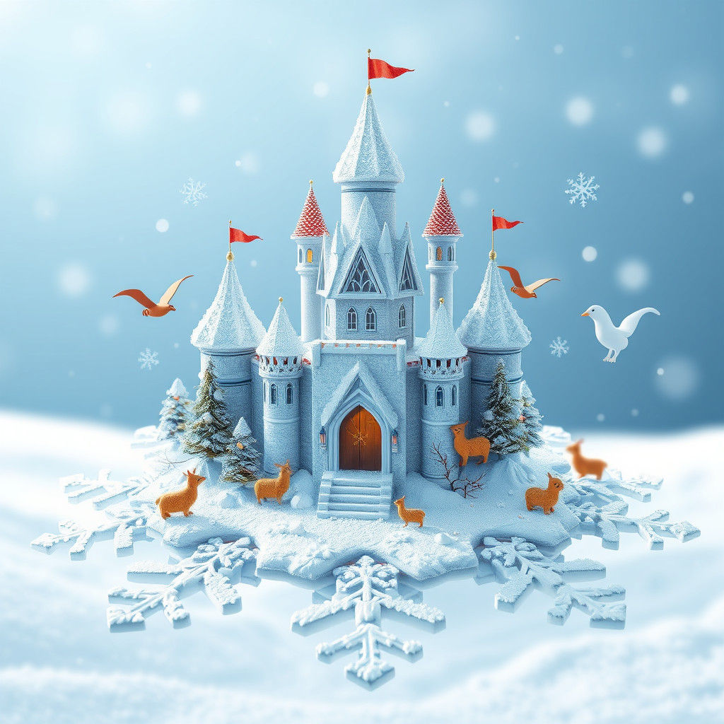 Snowflake Castle with Animals: A Realistic Winter Scene