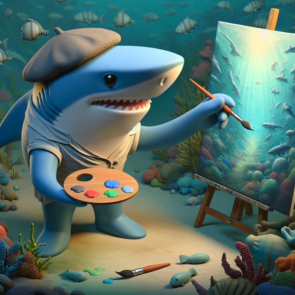 Disney Pixar style 3D adorable shark, painting a picture of ...
