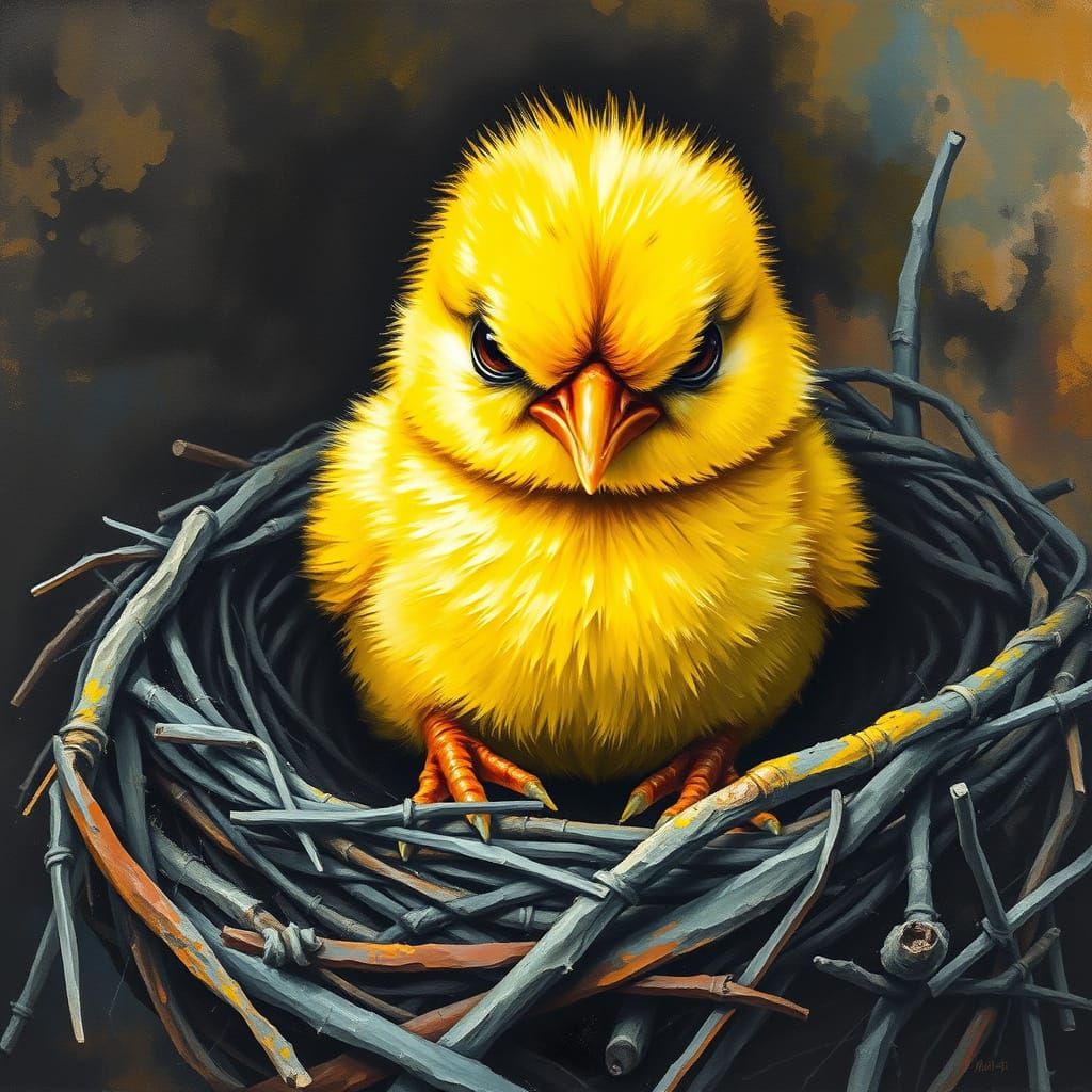 Grumpy Chick: Detailed Charcoal Drawing with Gouache