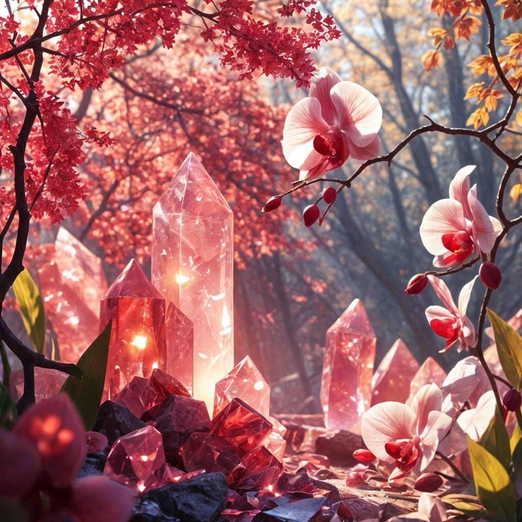 Surreal Autumn Scene in Vibrant Crystal and Ruby