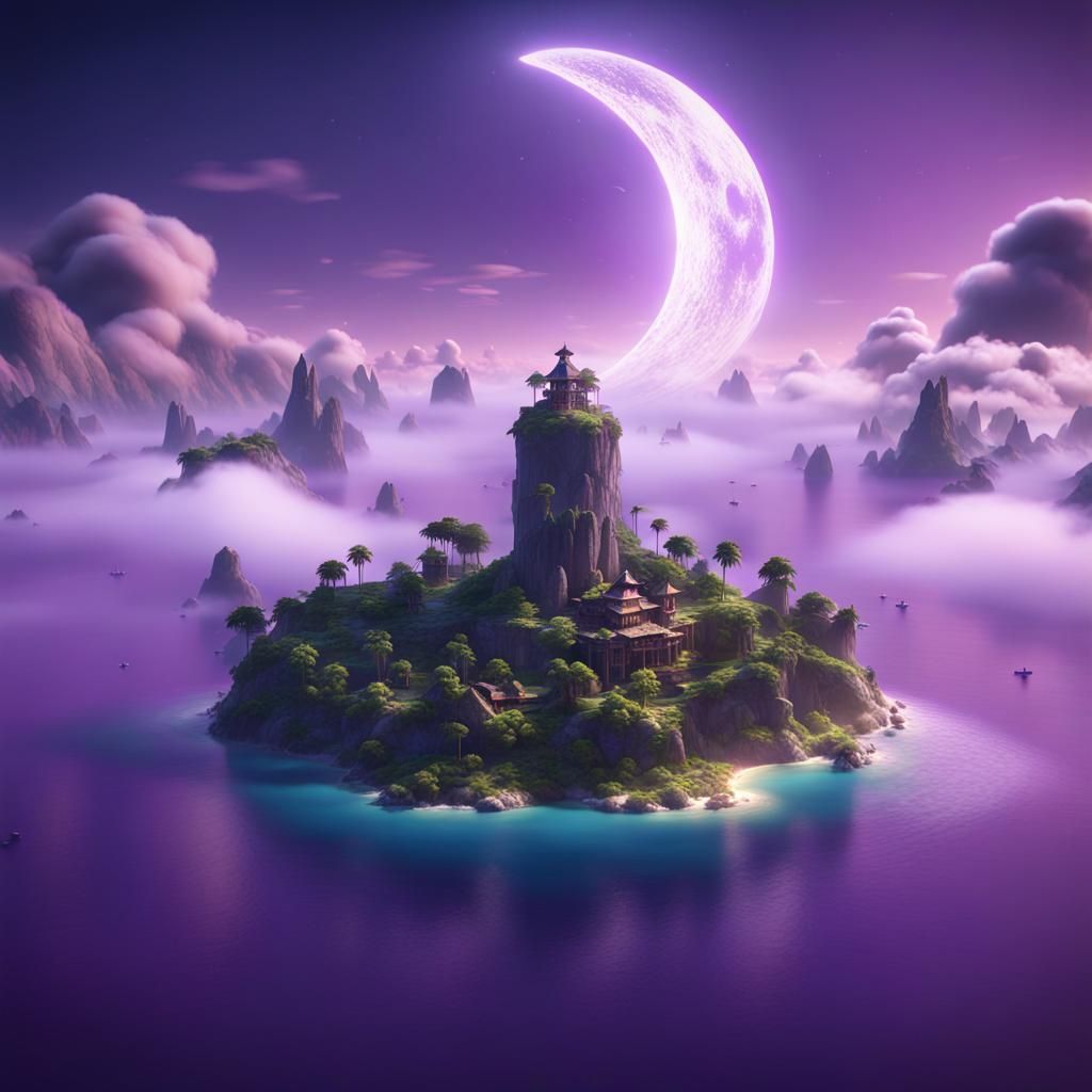 Floating Island with Purple Fog, 3D Cinematic
