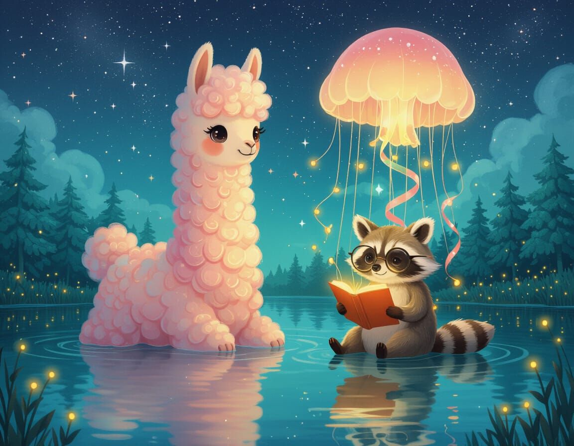 Surreal Llama, Jellyfish, and Raccoon Dreamscape