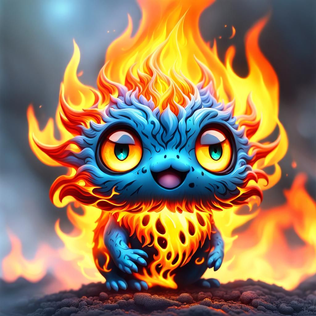 Kawaii Fire Creature with Flame Dragon: Pixar Style
