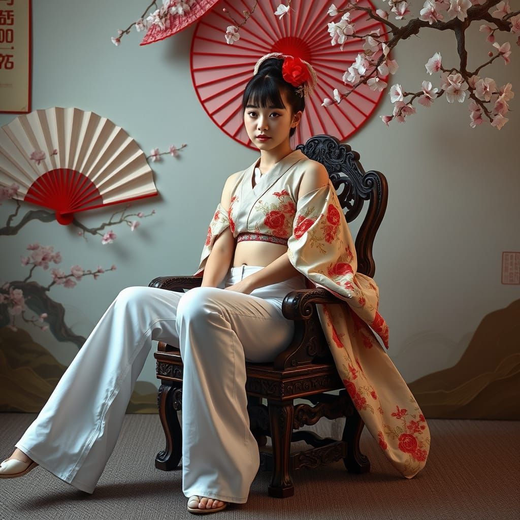 Geisha in White Jeans Surrounded by Cherry Blossoms