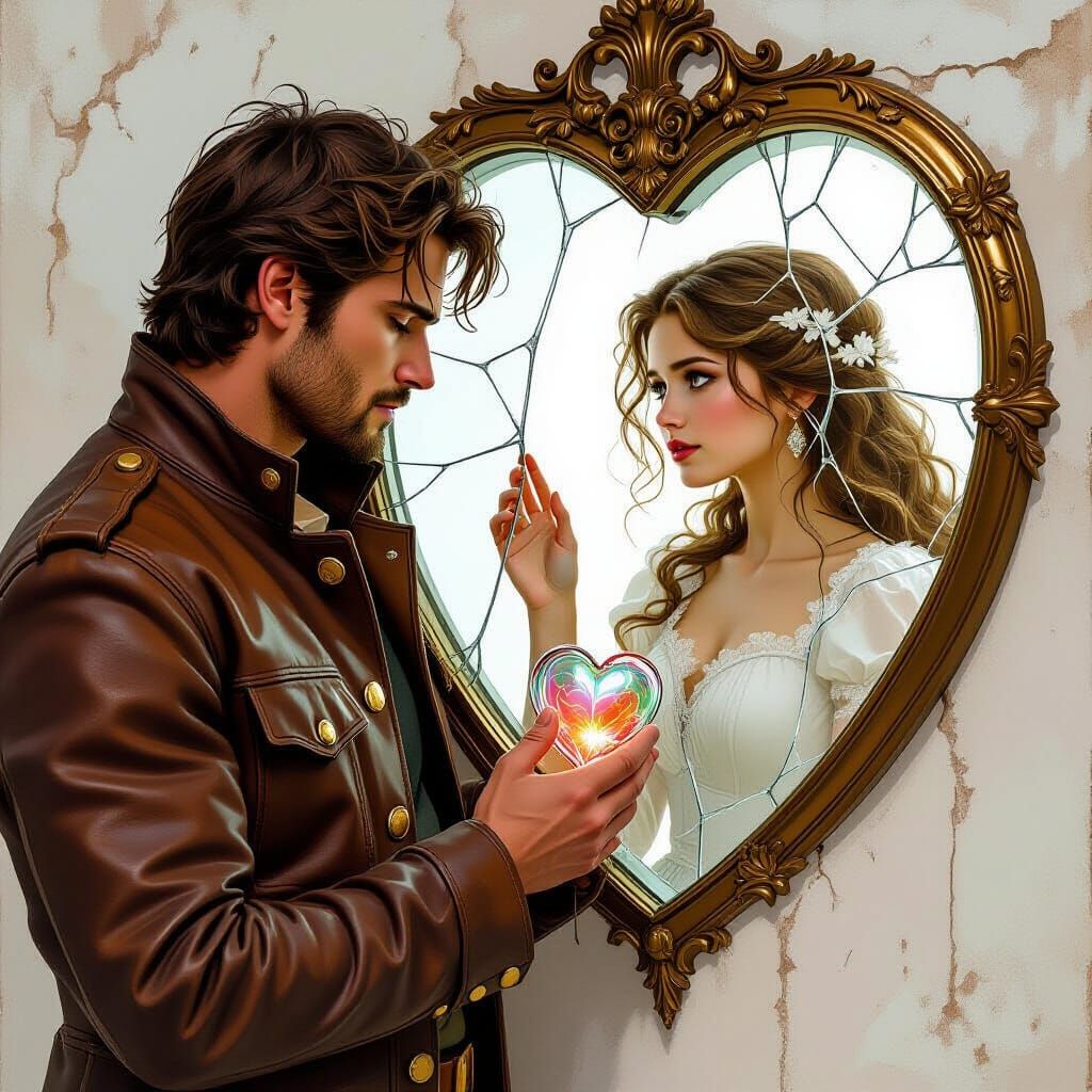 Surreal Scene: Man Holds Glass Heart with Woman Trapped Insi...