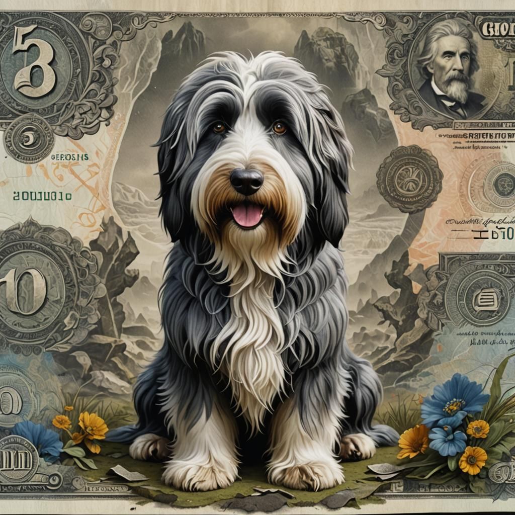 Bearded Collie Dog Art Banknote in Detailed Matte Style