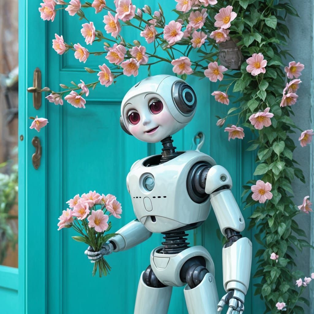 Cute Pink Robot with Flowers: Pixar-Style 3D Render