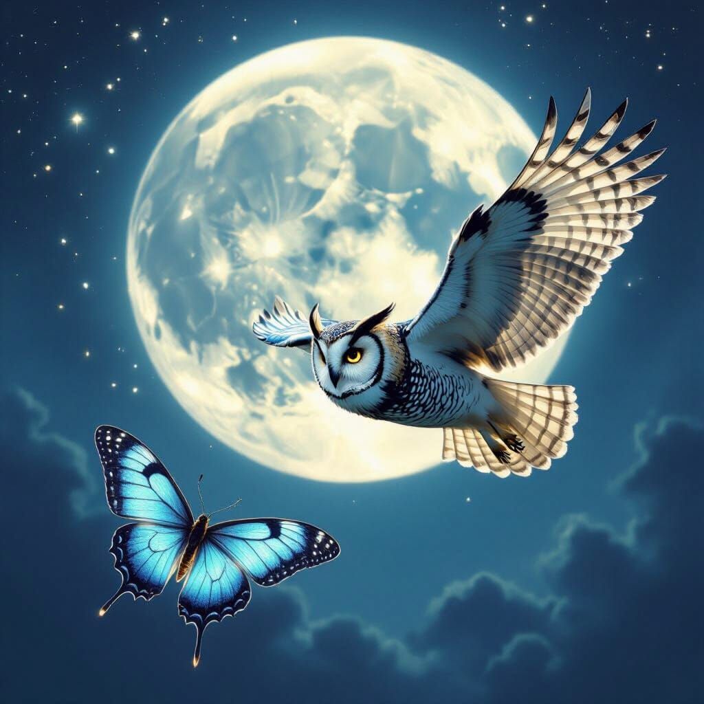 Majestic Owl Soars Under Luminous Moon in Dark Fantasy Style
