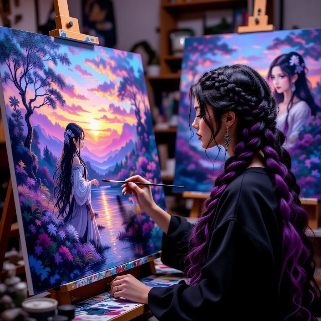 Woman Painting Impressionist Landscape in Watercolour