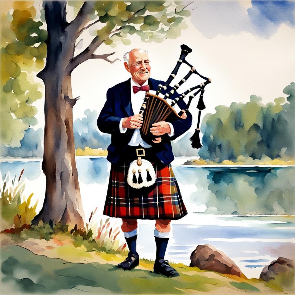 Bagpiper by the Loch in Watercolor Gouache Style