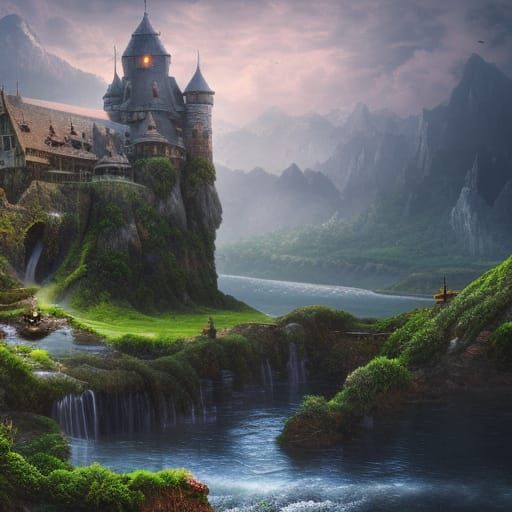 Epic Landscape with Castle, Farm and Mountains