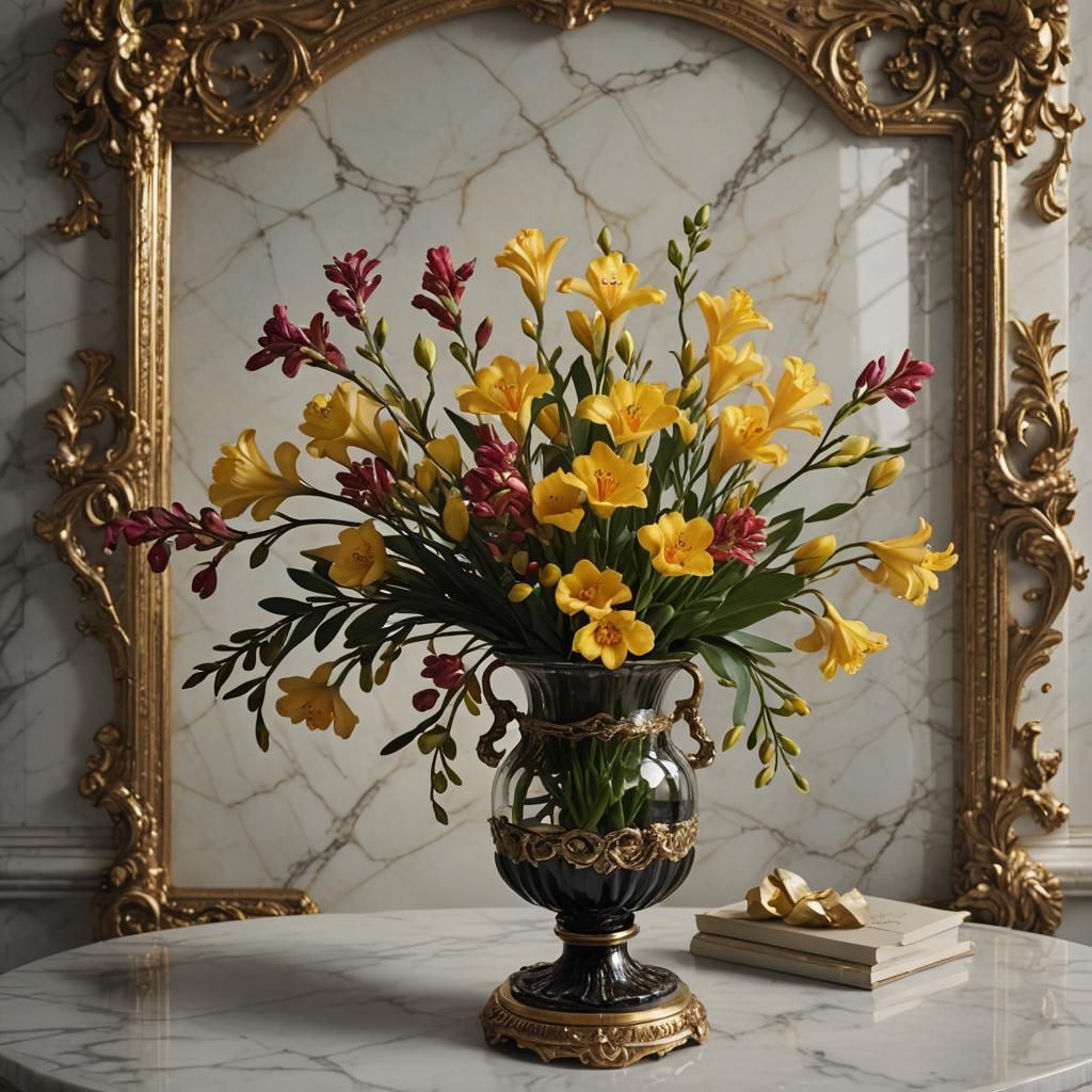 Freesia and Photinia Still Life in Baroque Frame