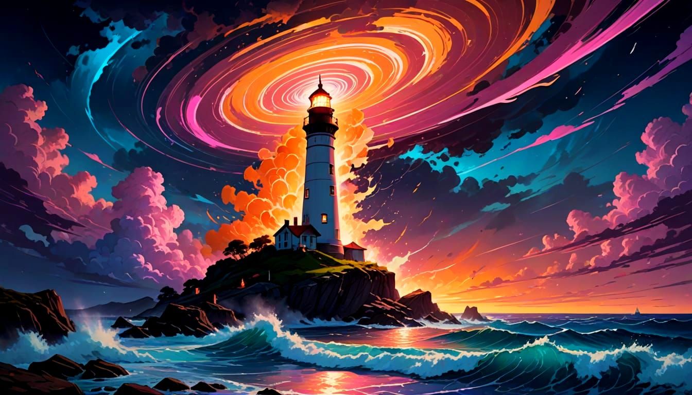 Lighthouse Stands Firm in Neon Vortex: Digital Art