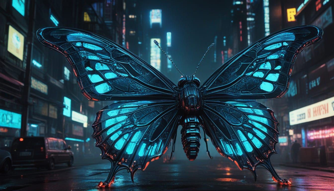 Cyberpunk Cyborg Butterfly on Metallic Flower
