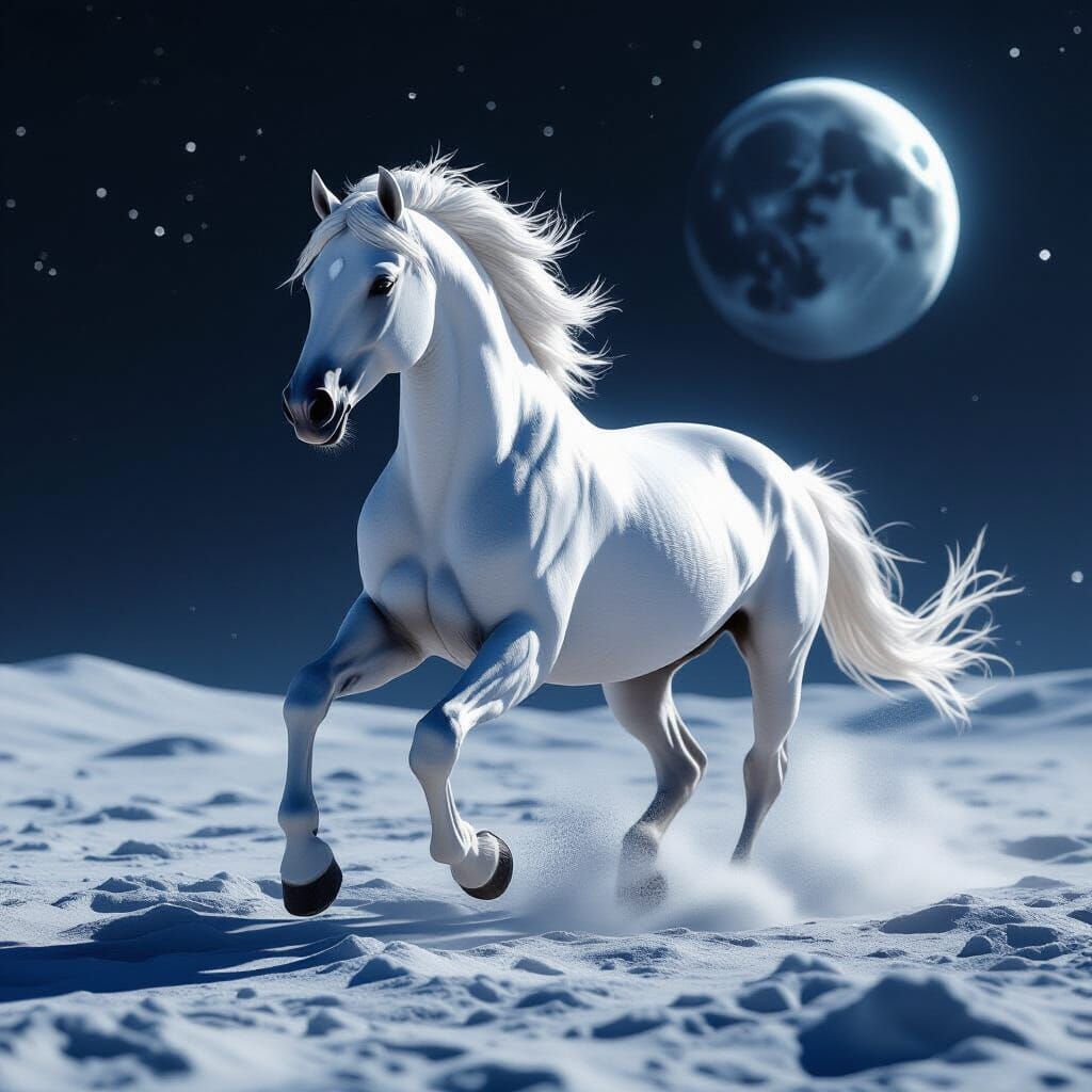 Majestic White Horse Galloping Across Moon in 3D Game Graphi...