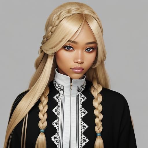 Young Woman with Black Eyes and Blond Braids