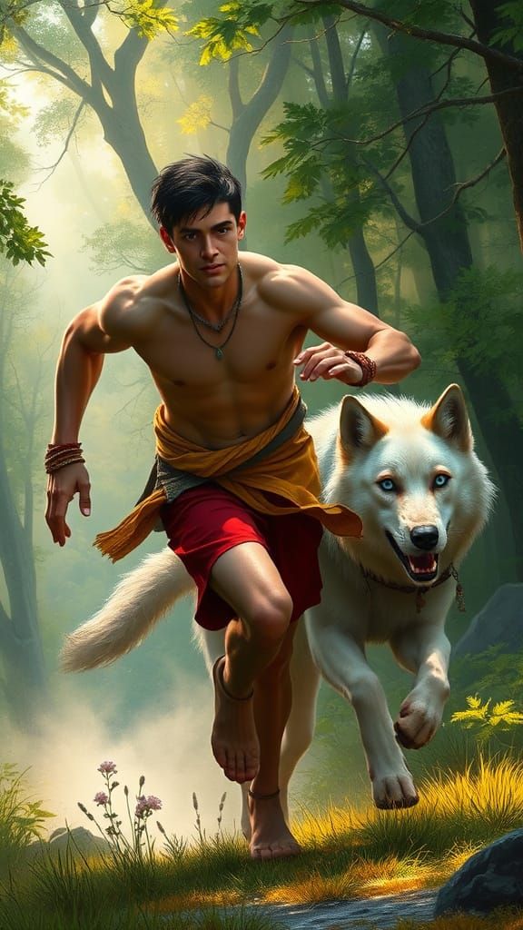Man and a Majestic White Wolf in Motion
