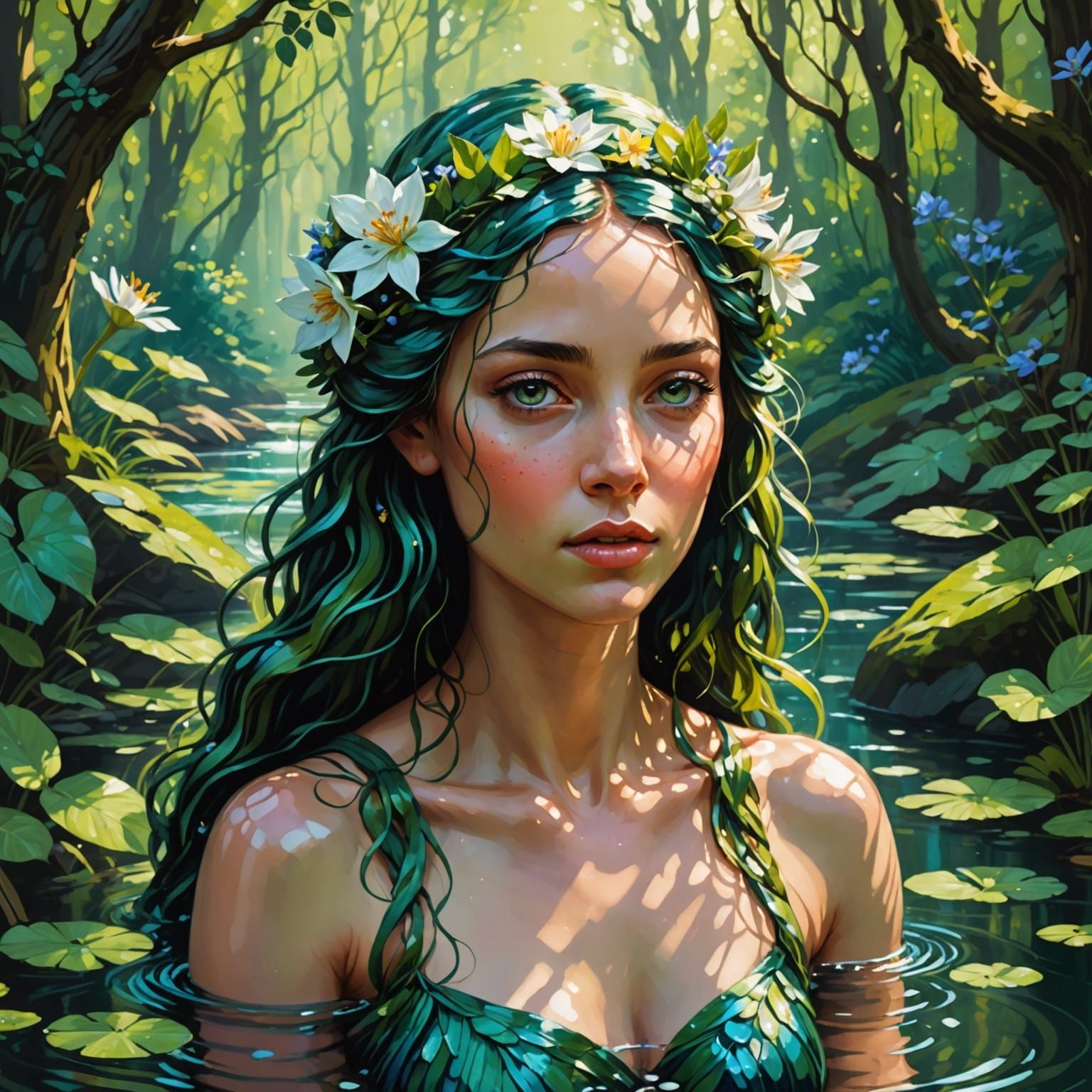 Water Nymph Portrait in Pre-Raphaelite Style