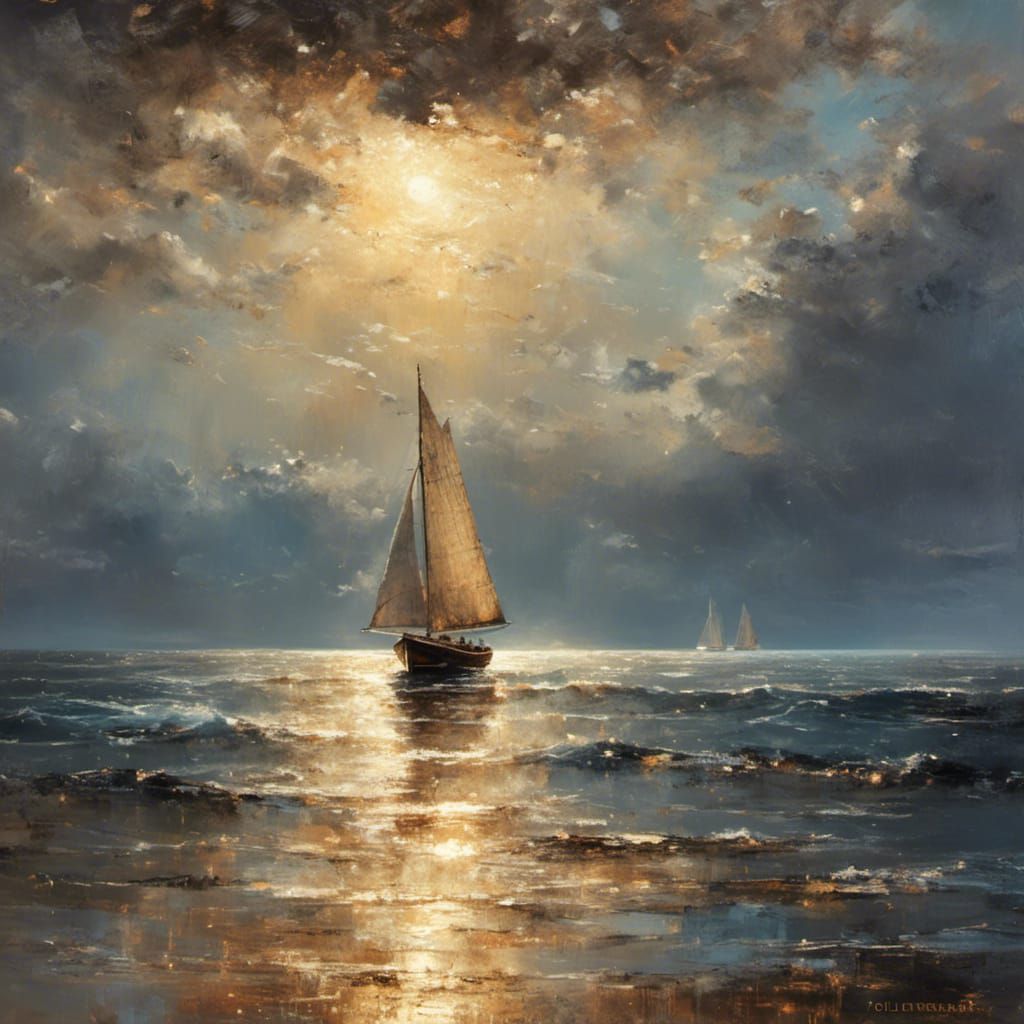 Old Sailing Boat at Night: Oil Painting with Crepuscular Ray...