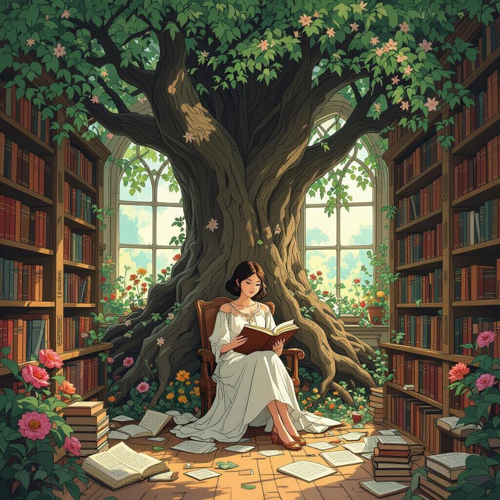 Breathing Books in Hidden Library, Art Nouveau Style