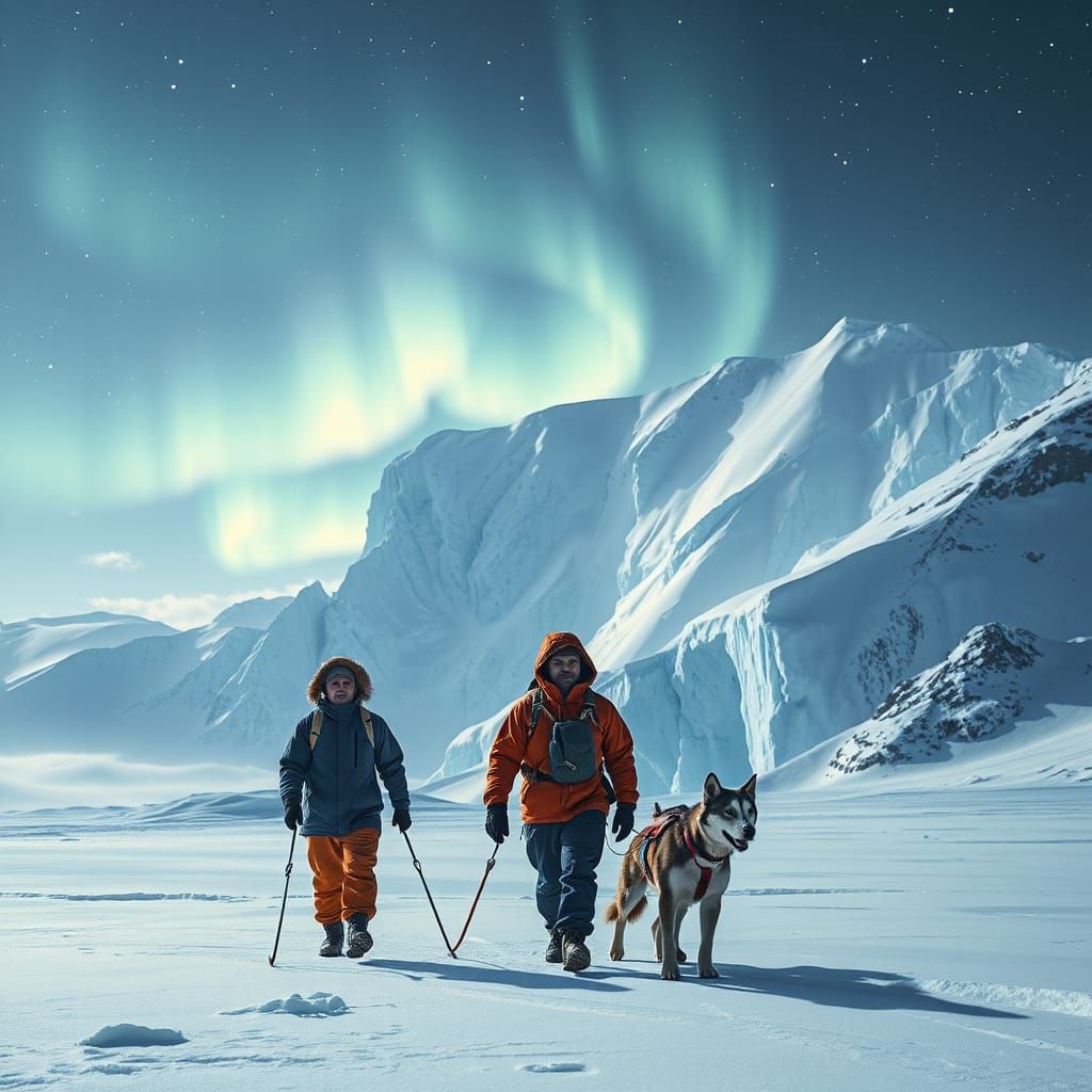 Greenland Explorers on Icecap in Matte Painting Style