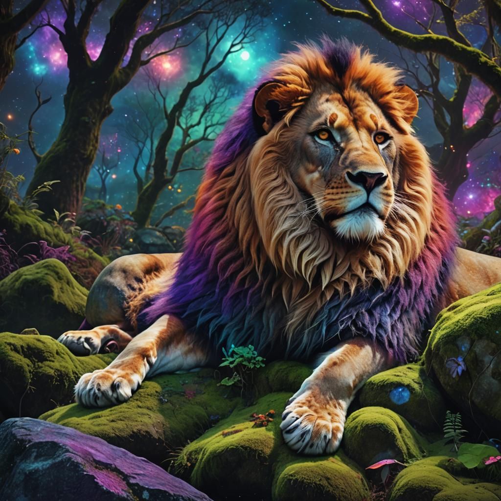Lion in Galaxy Forest: Fantasy Concept Art