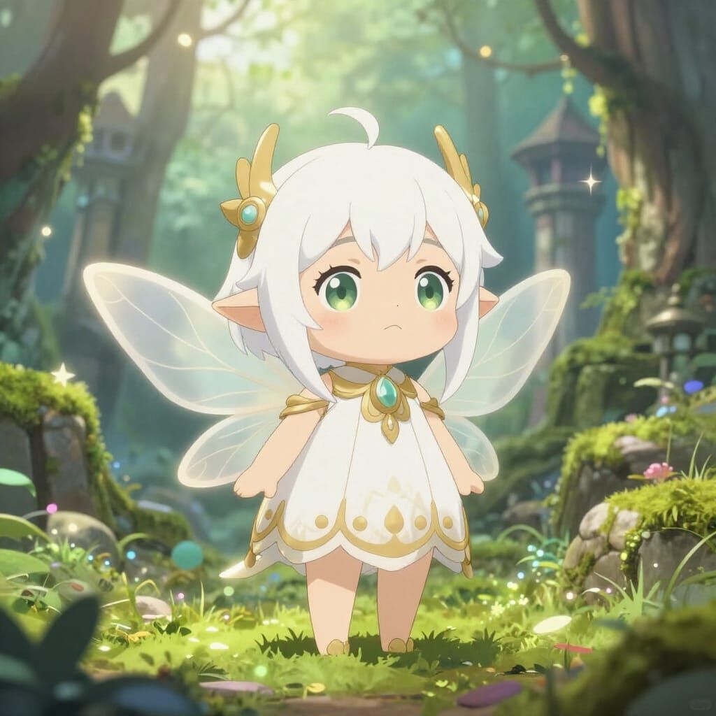 Kawaii Fae in Ancient City, Magical Illustrative Style
