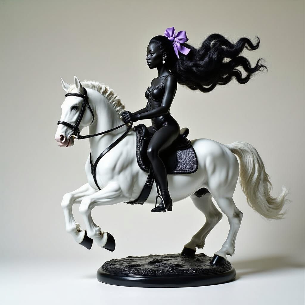 Porcelain Woman on Horse in Black and White