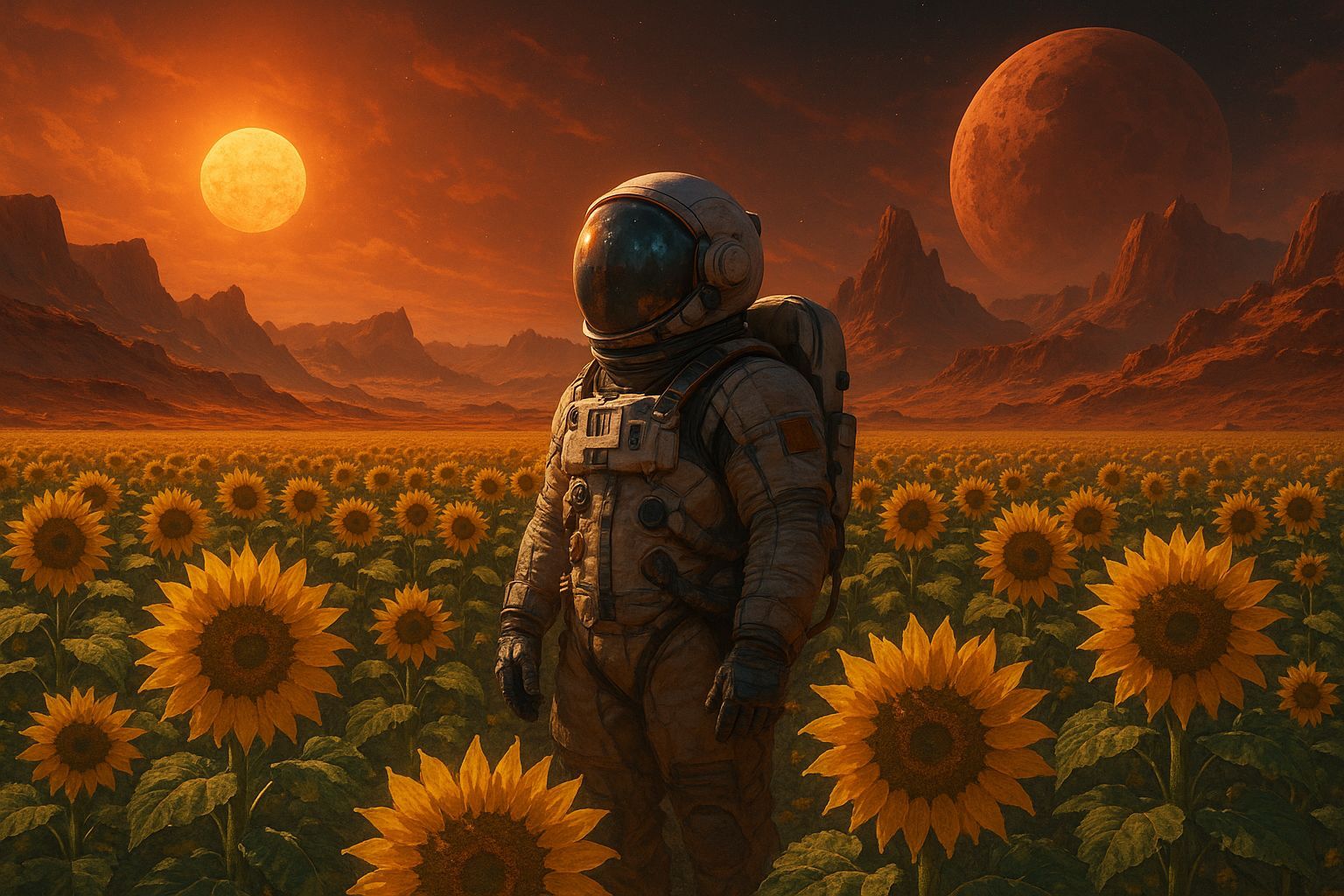 Astronaut and Sunflower Field on Mars in Sci-Fi Art
