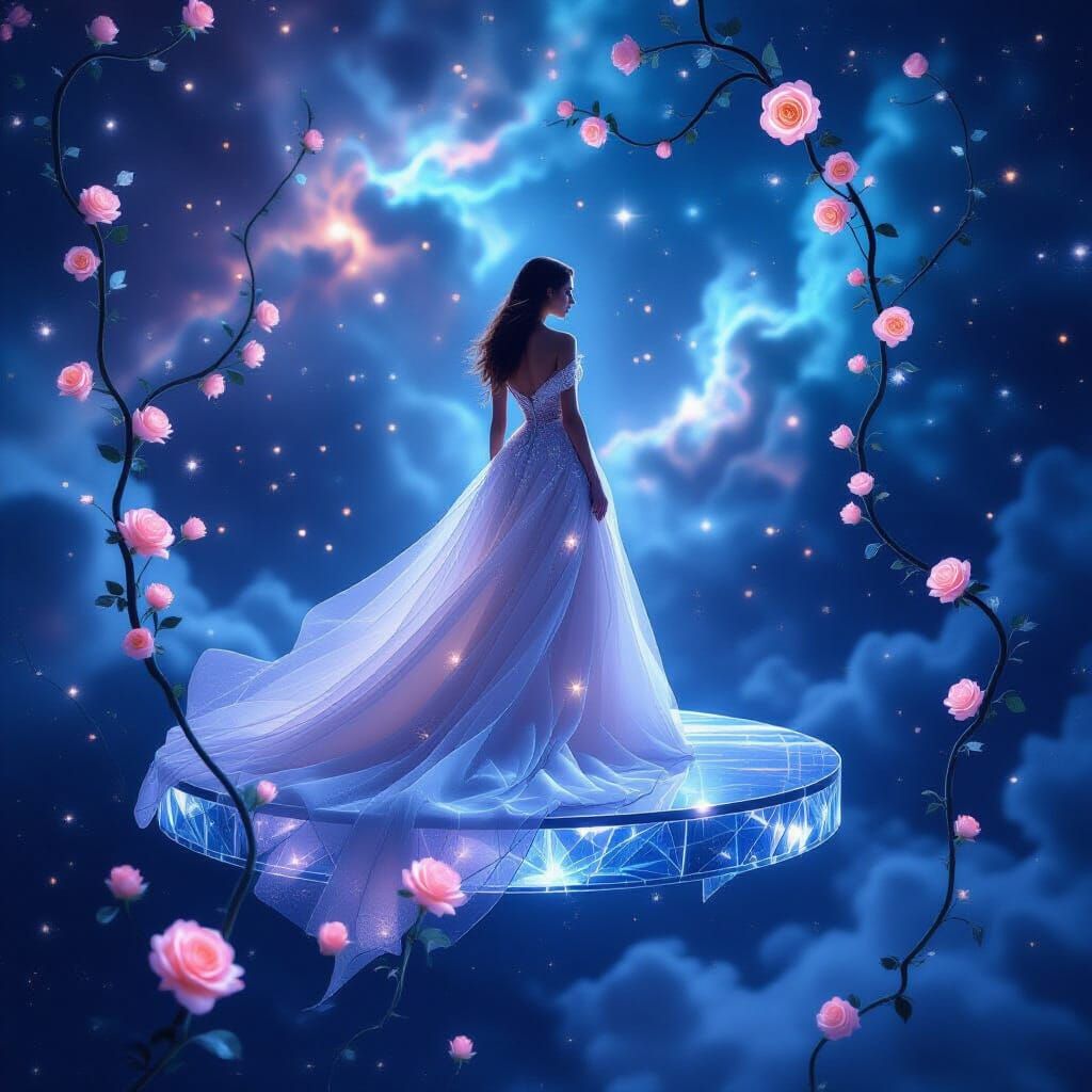 Woman in Stardust Gown on Nebula Platform