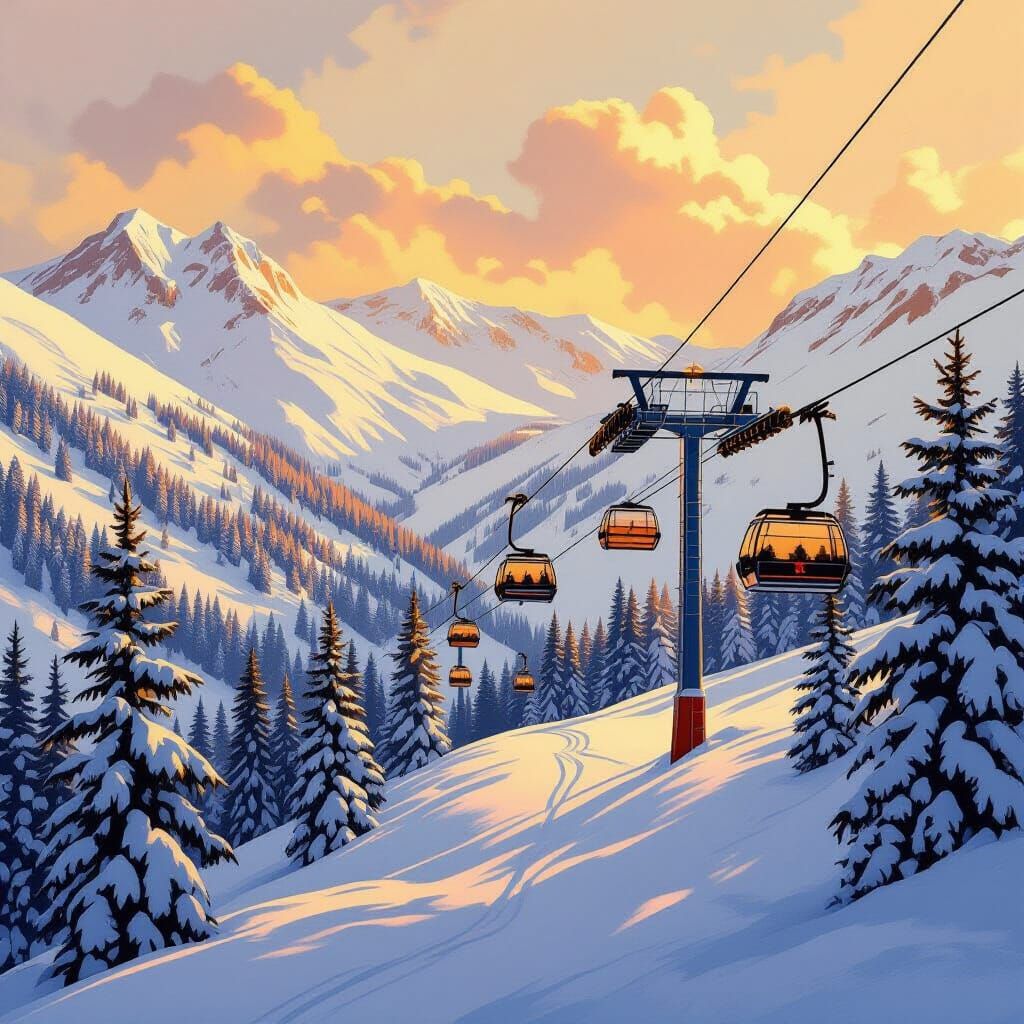 Serene Ski Lift Ascending Snowy Mountain in Golden Light