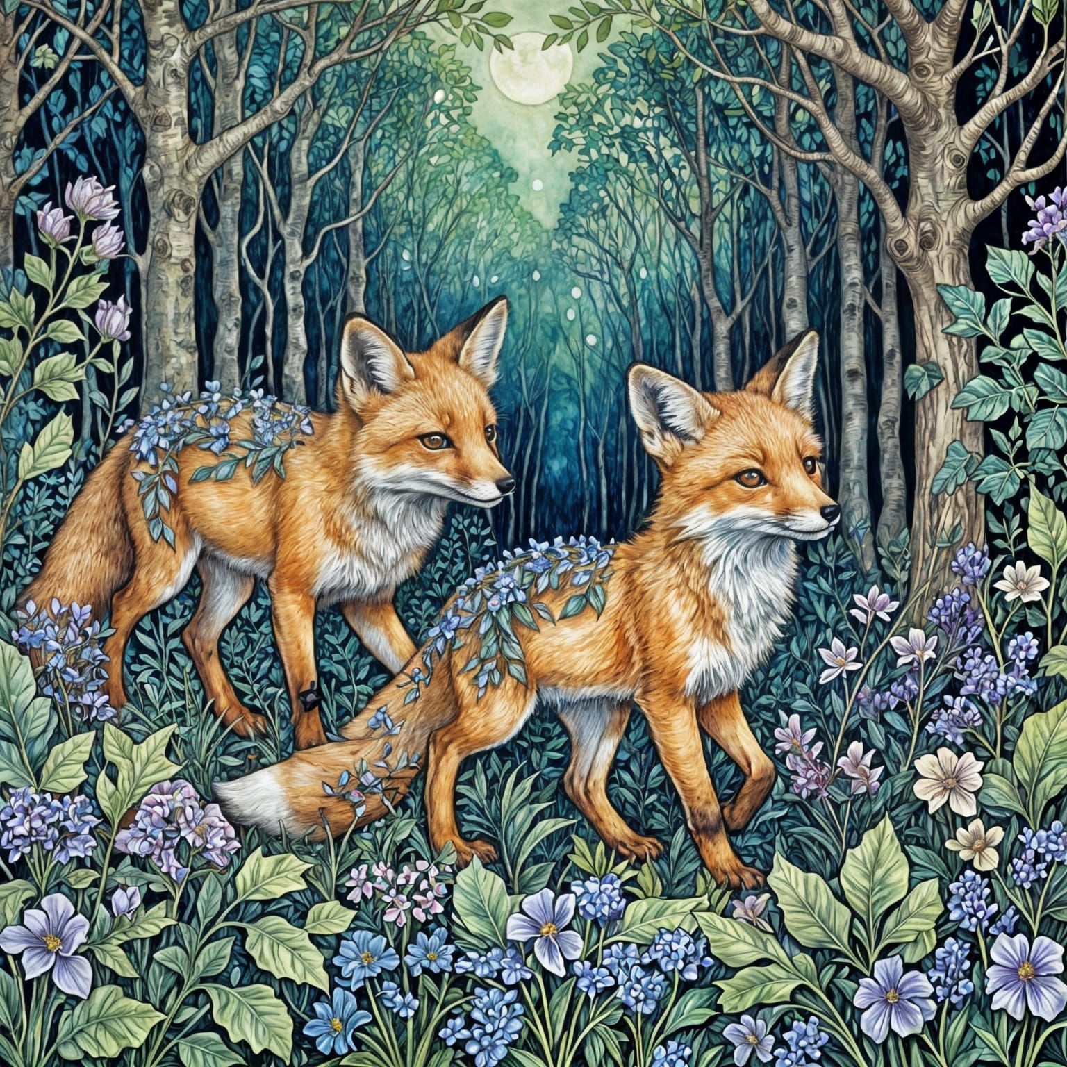 Fox Cubs in Forest, William Morris Style Watercolor