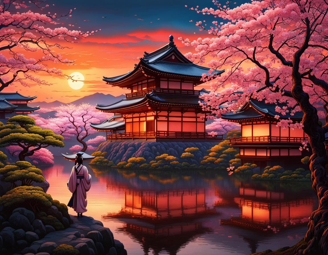 Sakura Garden Sunset in Nihonga Style