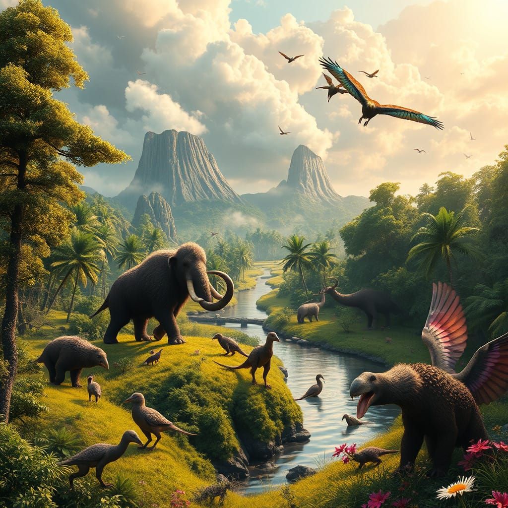 Prehistoric Landscapes Featuring Majestic Extinct Animals in...