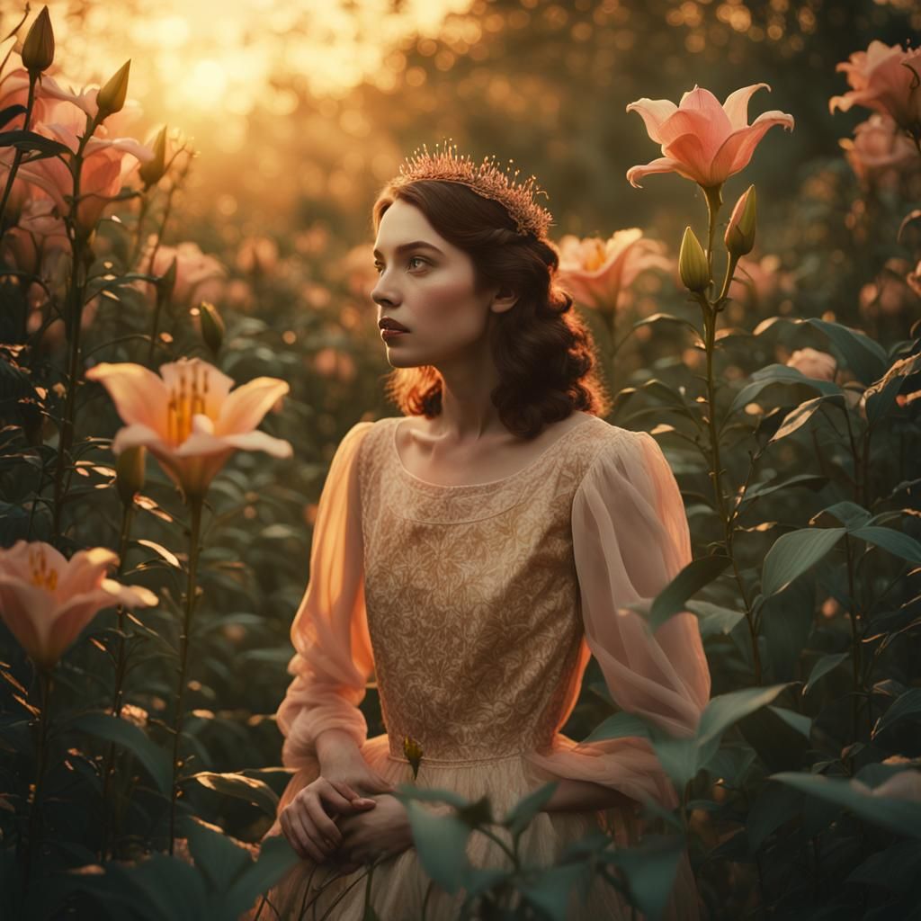 Lily Maiden in Golden Sunset: A Cinematic Still