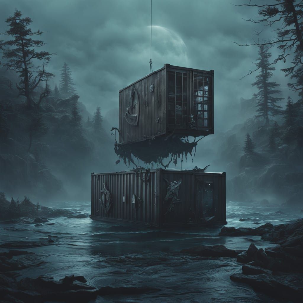 Dark, Foreboding Glass Container Suspended in Waves